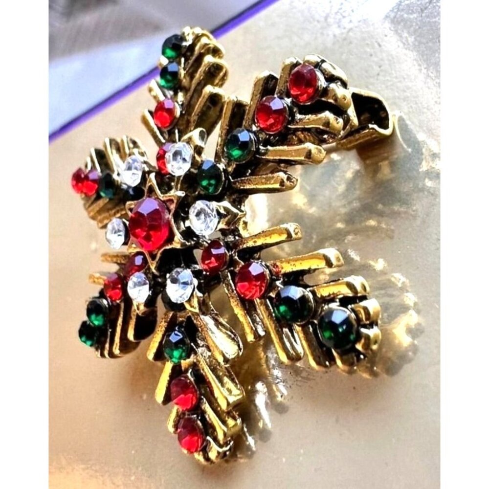 Christmas Snowflake Brooch Pin Star Red Green Crystal Accents Festive Wi… - Picture 10 of 12
